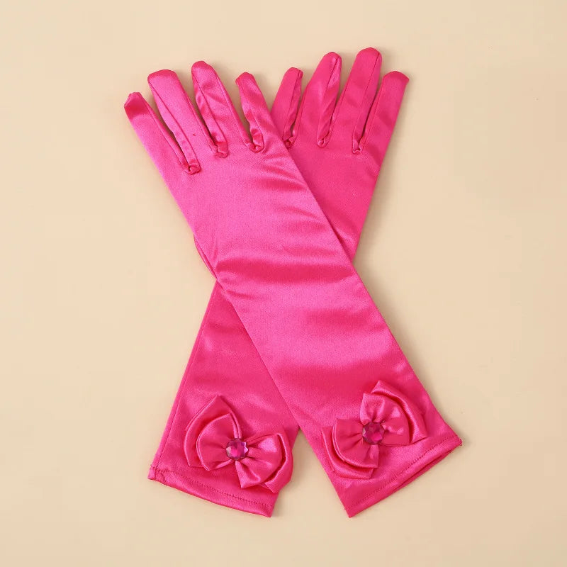 29cm Children Long Gloves Princess Dance Performance Stage Party Wedding Glove Satin Bow Full Finger Mittens Birthday Gifts G332