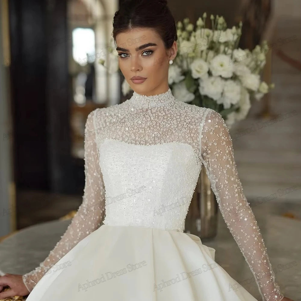 Glamorous Wedding Dresses Gorgeous Bridal Gowns Beading Appliques High Neck Full Sleeves Exquisite Vestidos De Novia Customized