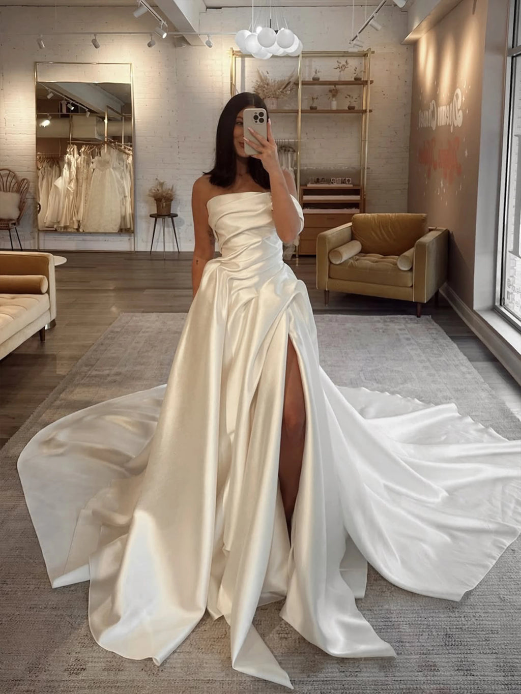 Strapless Satin A-Line Wedding Dress with High Split