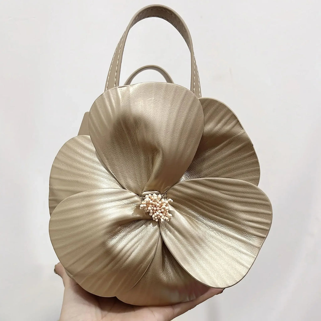 3D Floral Soft PU Leather Women Small Bucket Handbag Wedding Purse Dress Party Evening Bridal Clutch Bag