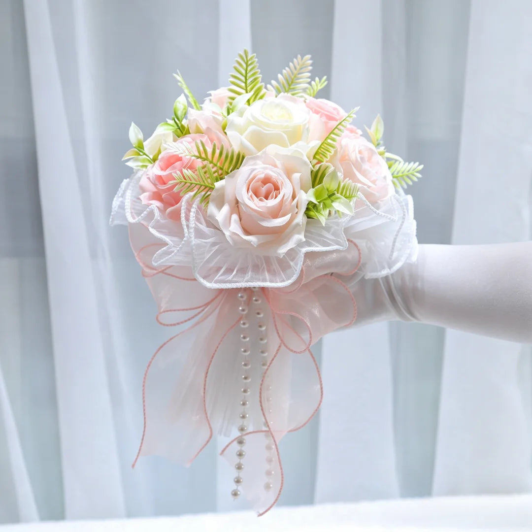 Artificial Bridal Bouquet Pearl Roses Wedding Bridesmaid Bouquet Valentine's Day Decoration Gift Romantic Wedding Accessories