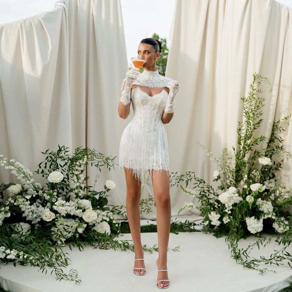 Fringe Mini Wedding Dress with Lace Corset