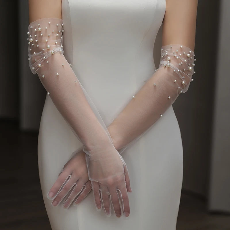 Bridal Gloves Heavy Handmade Beading Elegant Long Elegant Slim Wedding Dinner Party Tulle Gloves Wedding Accessories