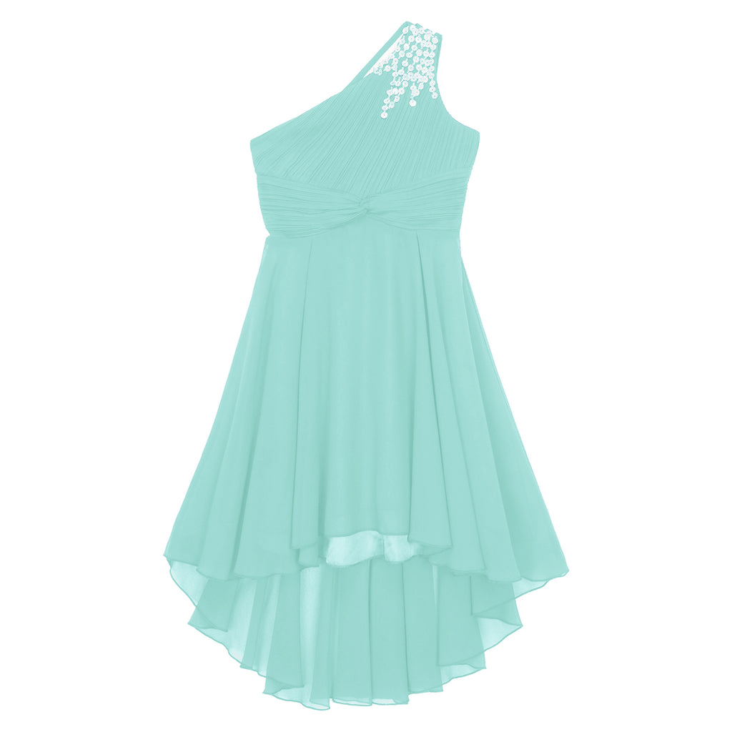 Kids Wedding Flower Girls Dress Shiny Beaded One Shoulder Chiffon Princess Dress Elegant Evening Pageant Birthday Party Gown