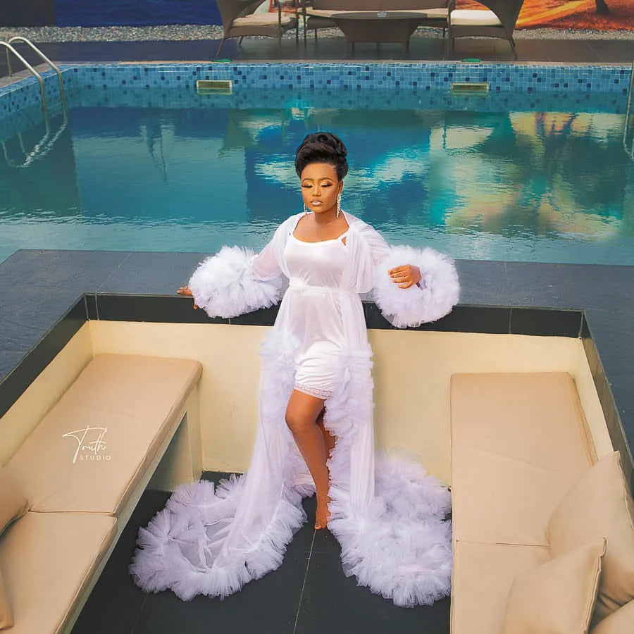 Classic Long Bridal Tulle Robes For Wedding Puffy Long Sleeves   With Train See Thru Custom Made Women Aso Ebi Evening Gowns