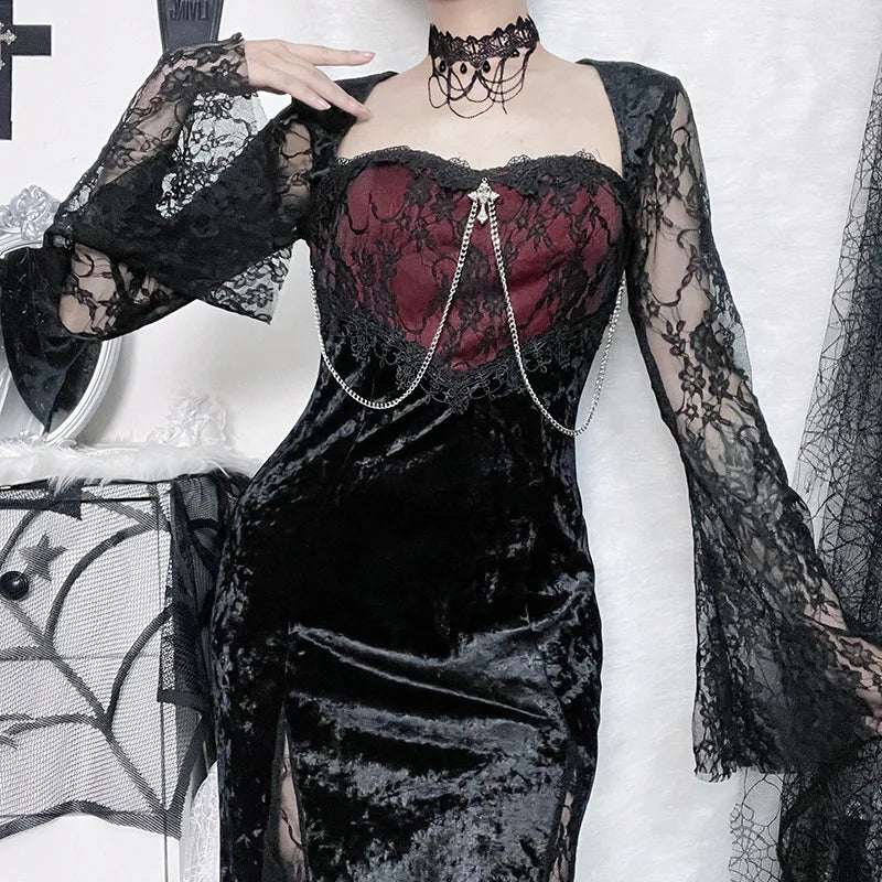 Goth Dark Elegant Mall Gothic Women Evening Dresses Grunge Aesthetic E-girl Velvet Midi Dress Lace Splice Sexy Split Alt Outfits