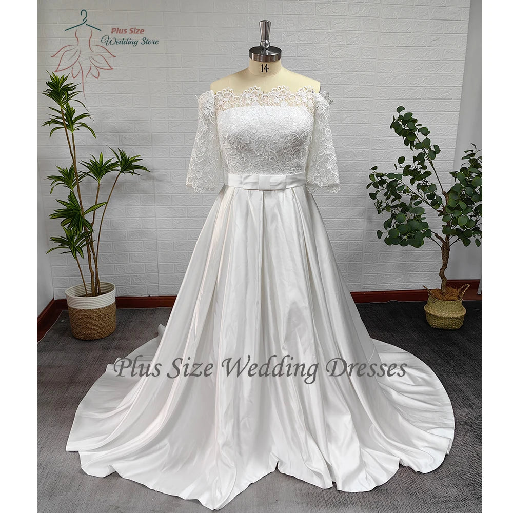 Boat Neck Half Sleeve Satin A-Line Wedding Dress