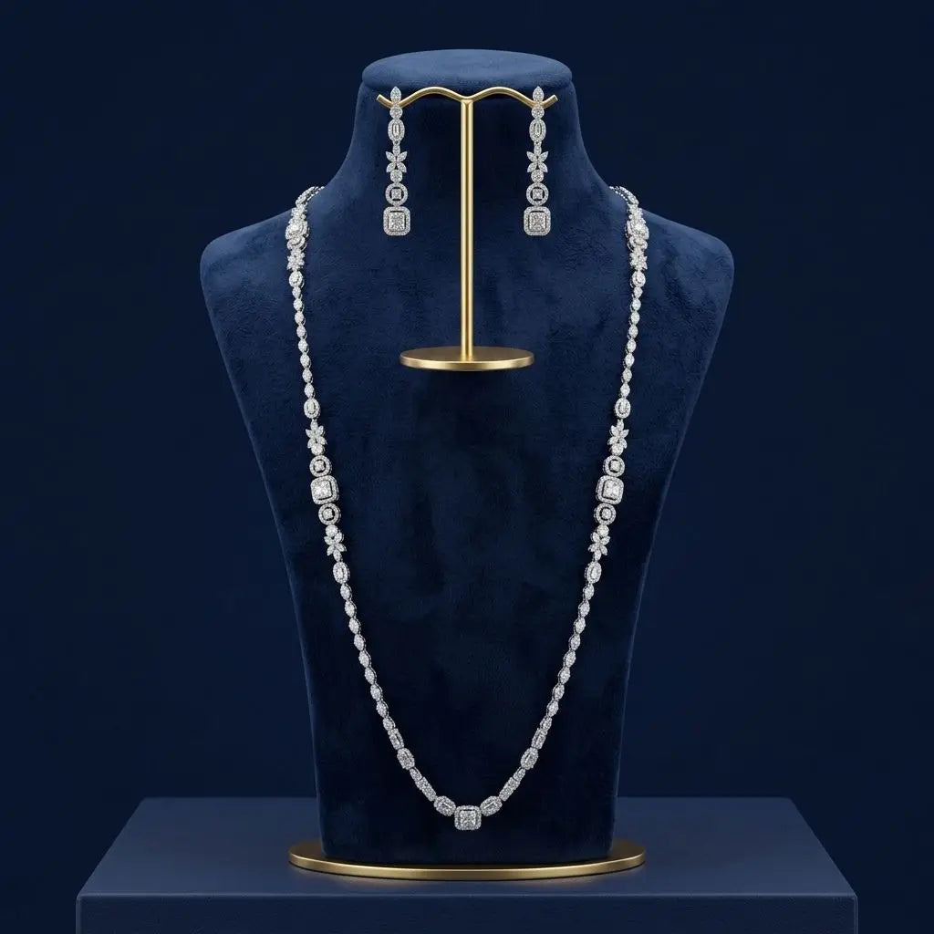 Bride Talk Luxury Long Bridal Jewelry Set Elegant Zircon Geometric Floral Wedding Accessories for Women Sweater Chain 2Pcs