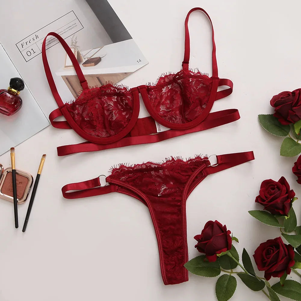 Embroidered Sheer Lace Bra & Brief Set