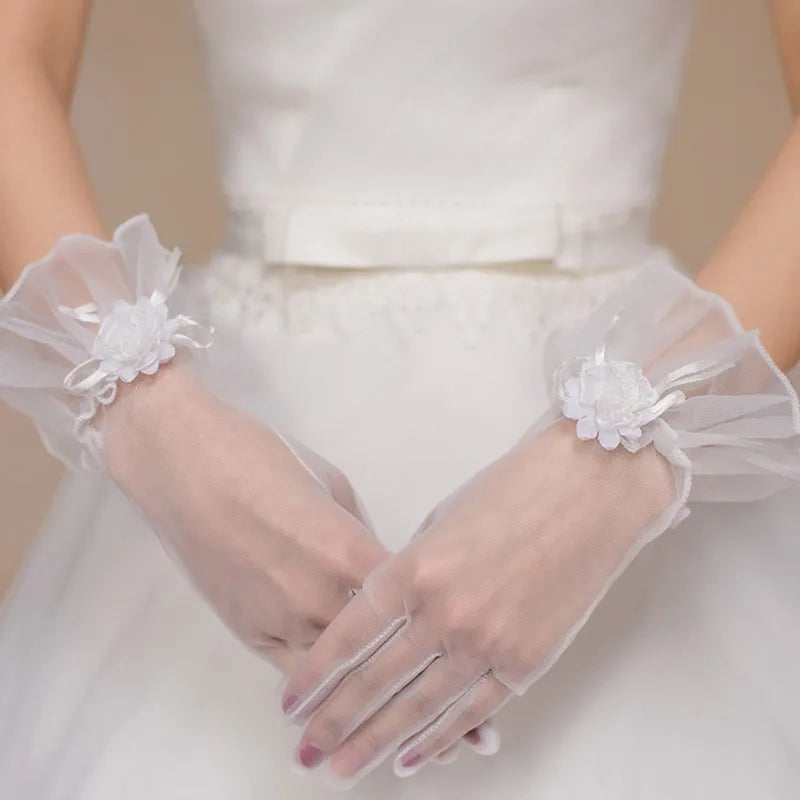 Short Satin Bridal Gloves with Bow and Pearl Pendant