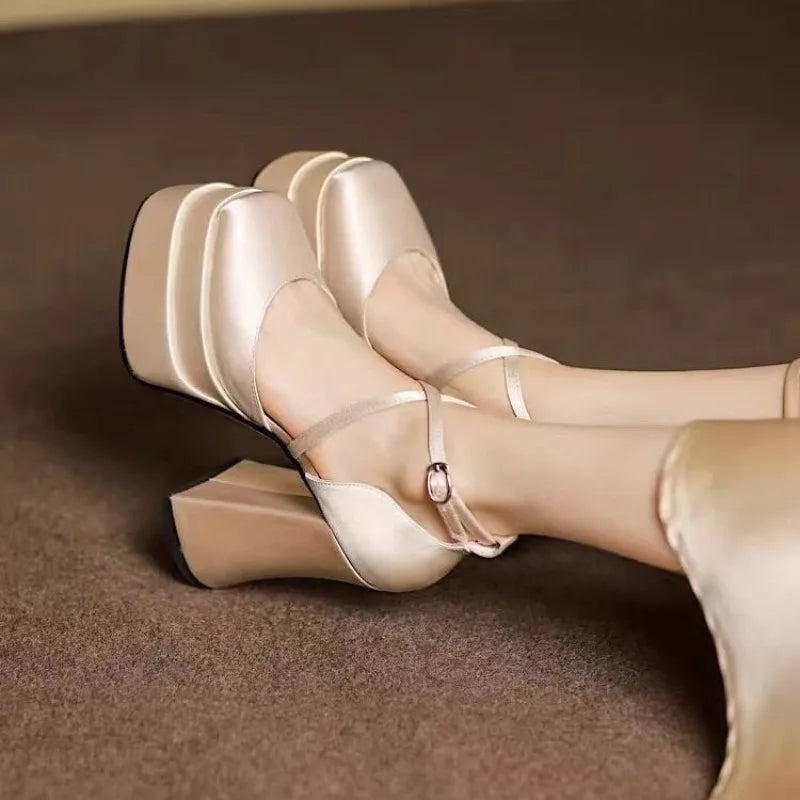 White Satin Wedding Shoes Platform Super High Heels New Small Block Heel Single Shoes
