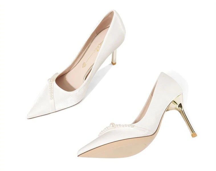Women's Summer Footwear Bride Pumps Shoes for Woman 2025 Wedding Shoe on Heeled Pointed Toe Pearl Stilito High Heels Popular 39