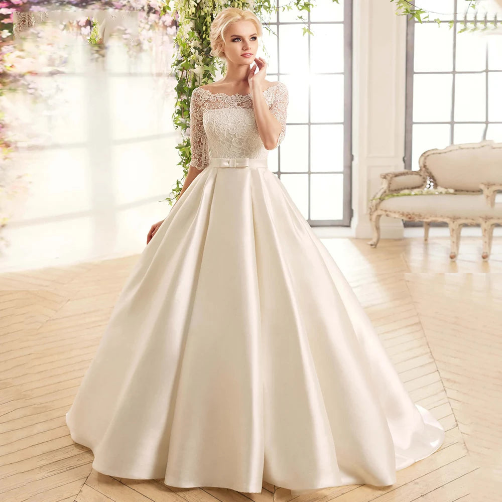 Boat Neck Half Sleeve Satin A-Line Wedding Dress