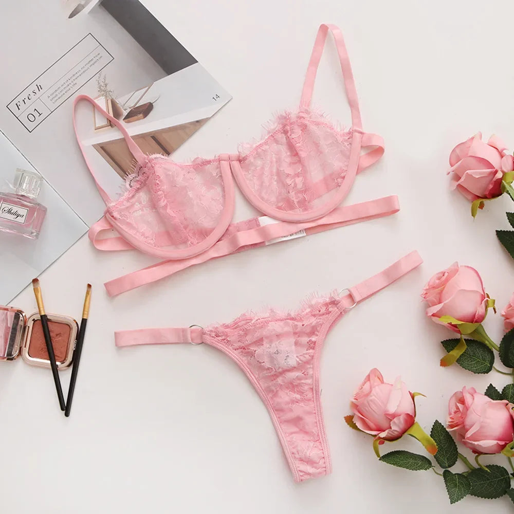 Embroidered Sheer Lace Bra & Brief Set