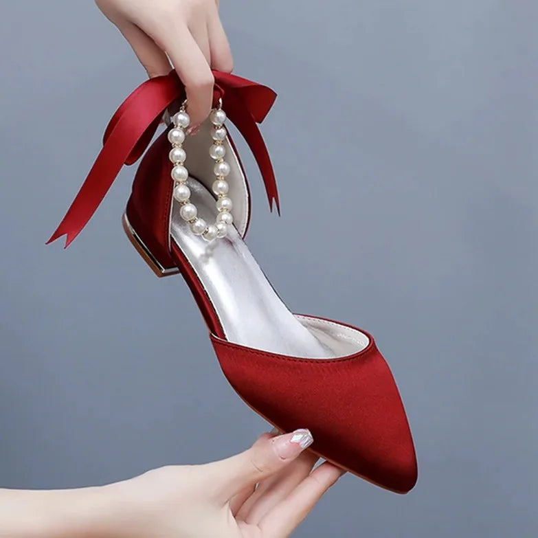 Wedding Shoes Bride Flat Heel Pointed Hollow Sandals Women White Satin Beaded Bride's Wedding Dress Shoes Sandalias De Mujer