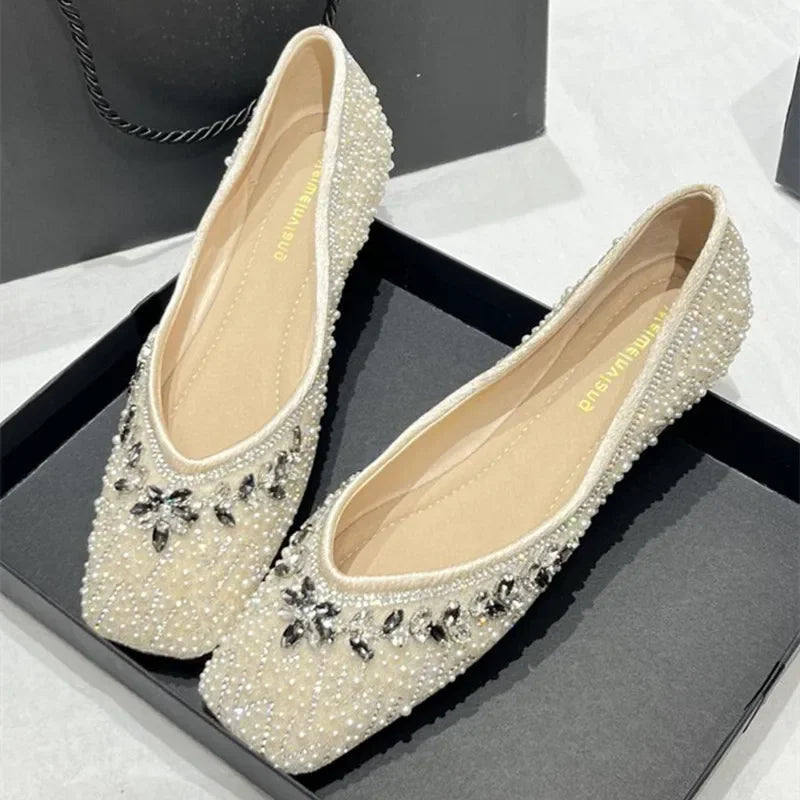 Luxury String Bead Rhinestone Brand Flat Shoes Women Comfort Square Toe Shallow Design Shoes Fashion Elegant Wedding Bridal Shoe