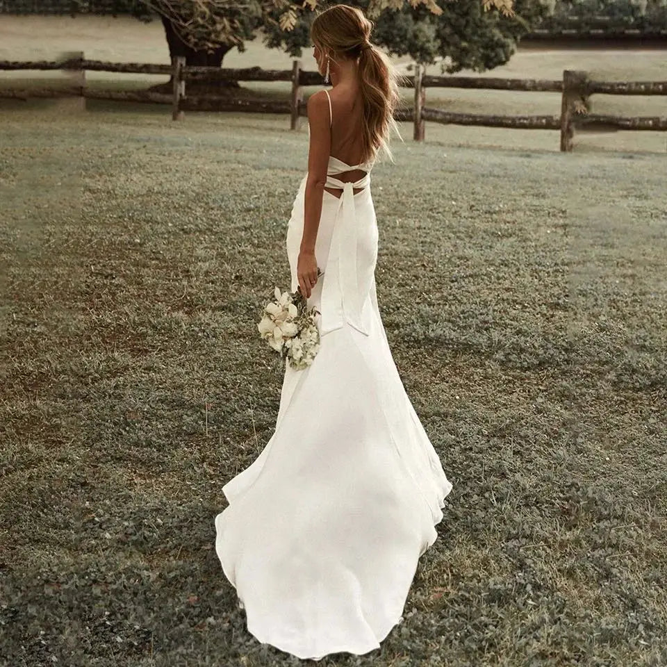 Customized Simple Sexy Wedding Dresses Boho Bridal Dress High Slit Straps Backless Bohemian Bride Gowns Vestidos De Noiva