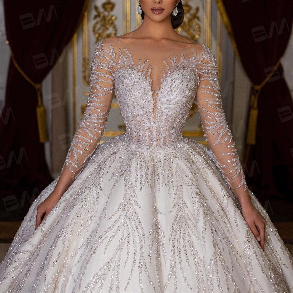 Hand-Beaded Long-Sleeve Ball Gown Wedding Dress