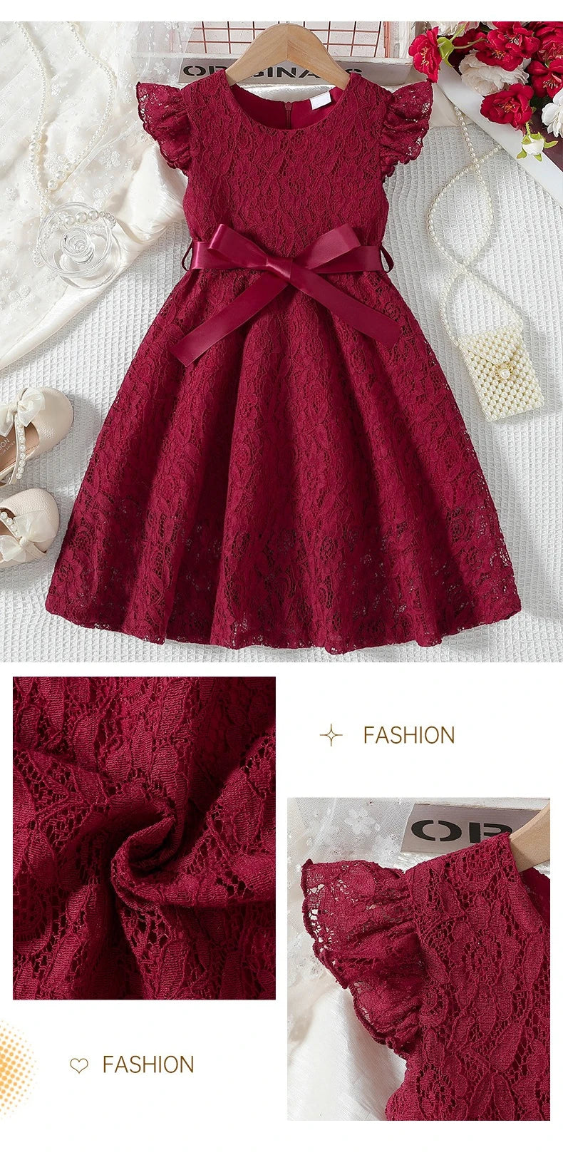 Lace Belted Girls' Formal Dress