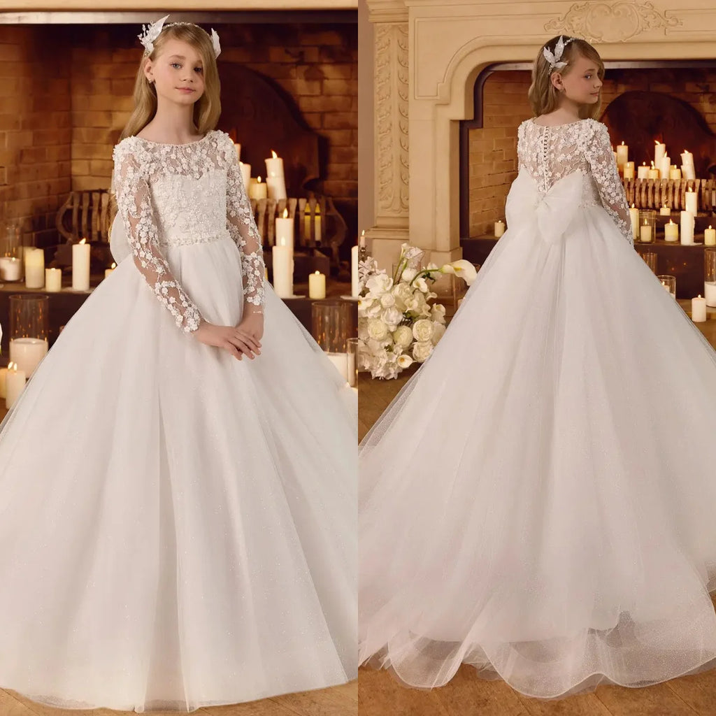 White Tulle Flower Girl Dresses For Wedding Long Sleeve Lace Princess Birthday Party Gowns Customized First Communion Dress