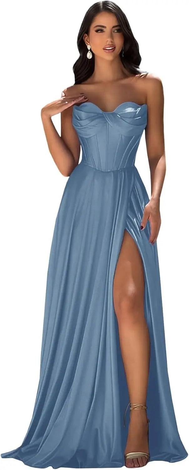 Chicbridal Women's Strapless Prom Dress Satin A-Line Long Ball Gown Sweetheart Corset Formal Dress with Pockets And Side Slit