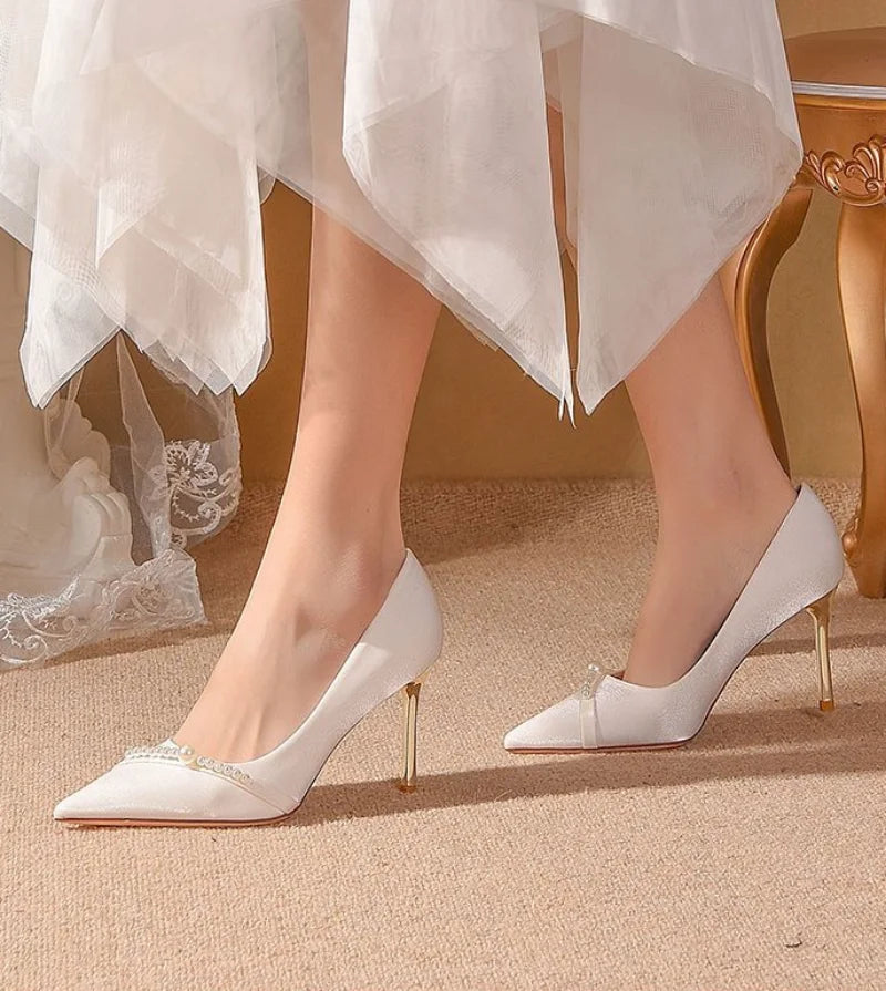 Women's Summer Footwear Bride Pumps Shoes for Woman 2025 Wedding Shoe on Heeled Pointed Toe Pearl Stilito High Heels Popular 39