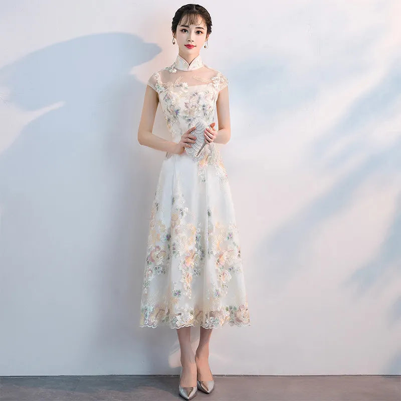 Floral Embroidered Satin Cheongsam Gown
