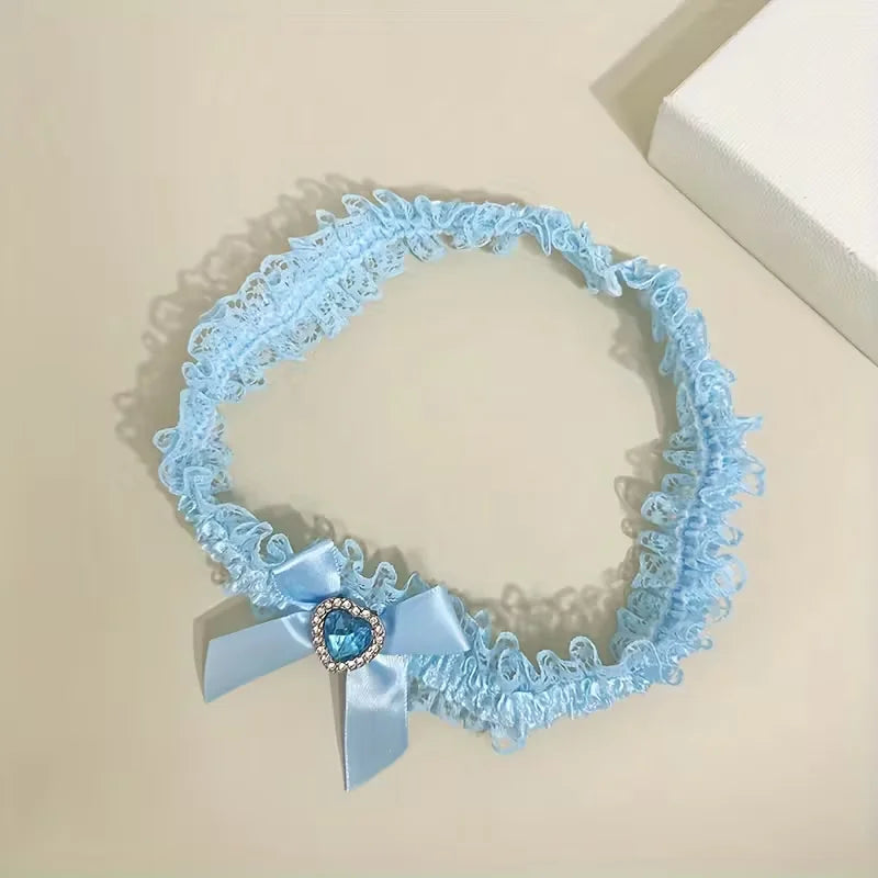 Elegant Blue Lace Wedding Garter With Bow And Rhinestone Heart Decoration – Bridal Leg Accessory For Wedding Season