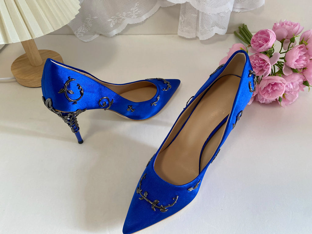 Luxury Leaves Metal Heel Pumps Women Shoes Pointed Toe Blue White Pink Black Silk Stiletto High Heels Wedding Bride Shoes 10cm