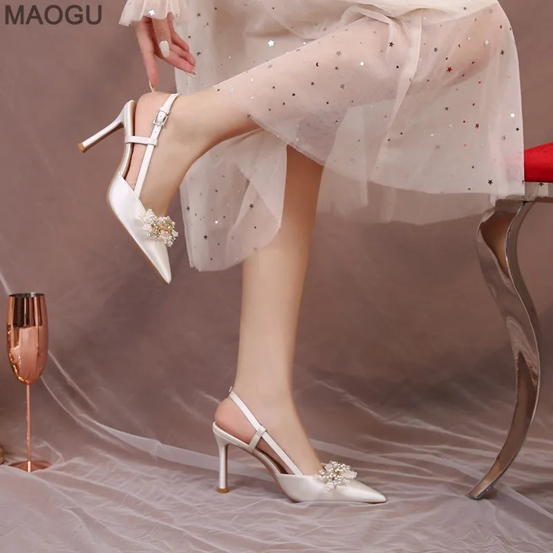 Pearl Rhinestone Pointed Toe Stiletto Heel Sandals Satin Bridal Wedding Shoes Elegant Evening Party Women's Shoes White Heels
