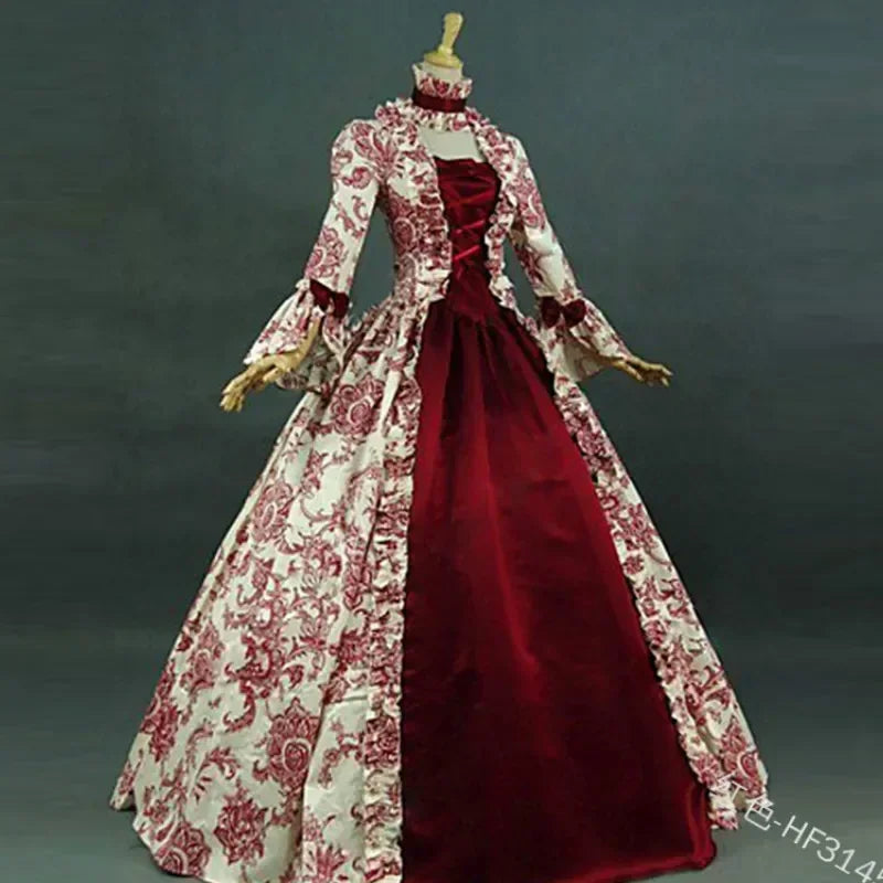 Marie Antoinette DressVintage Long Women Lace-Up Medieval Ruffles Bow Vintage Victorian Carnival Maxi Dress Patchwork Floral Fem
