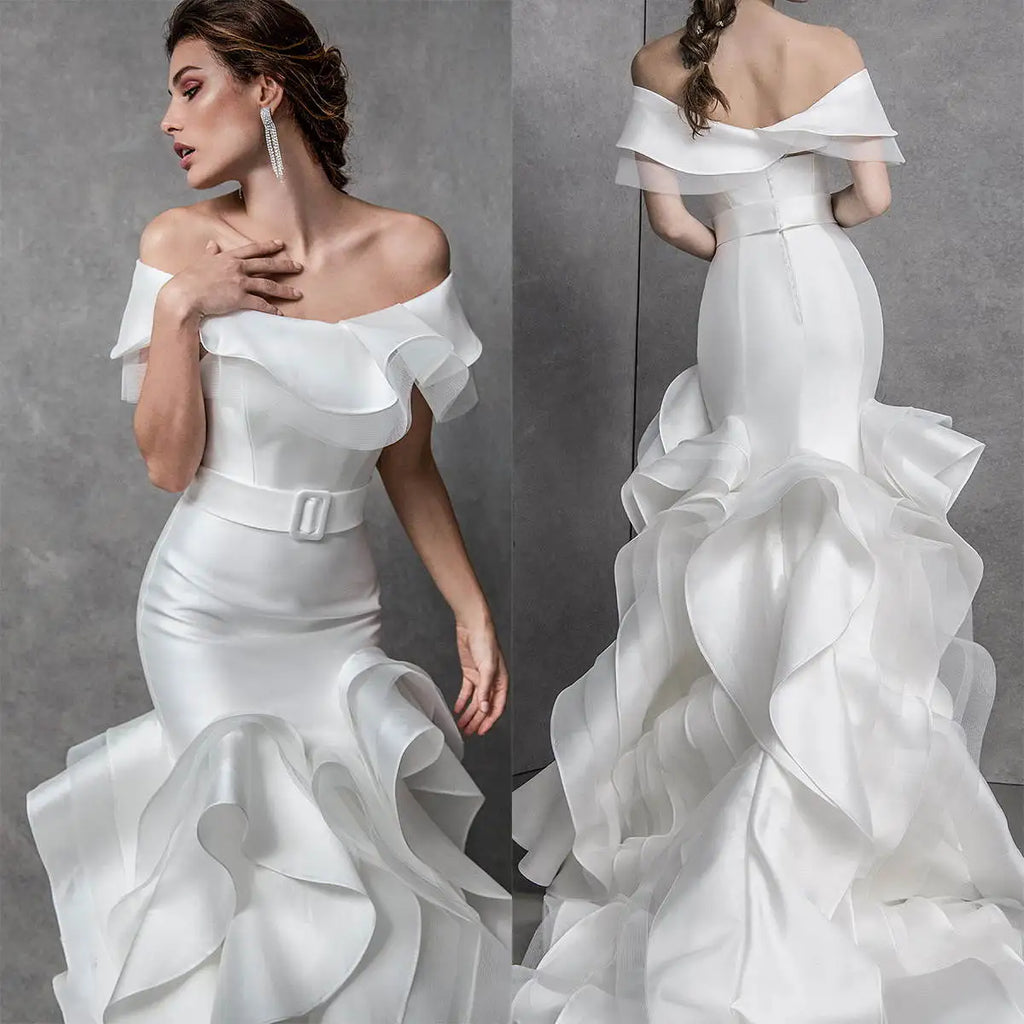 Ruffled Satin Sheath Wedding Dress with Sash