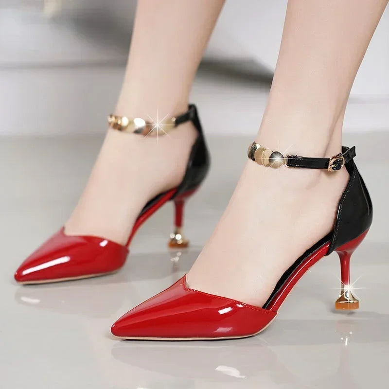 2025 Zapatos De Mujer Women Fashion Sweet Pointed Toe Buckles Strap Stiletto Heels Lady Cool Red Party Heel Shoes White Heels