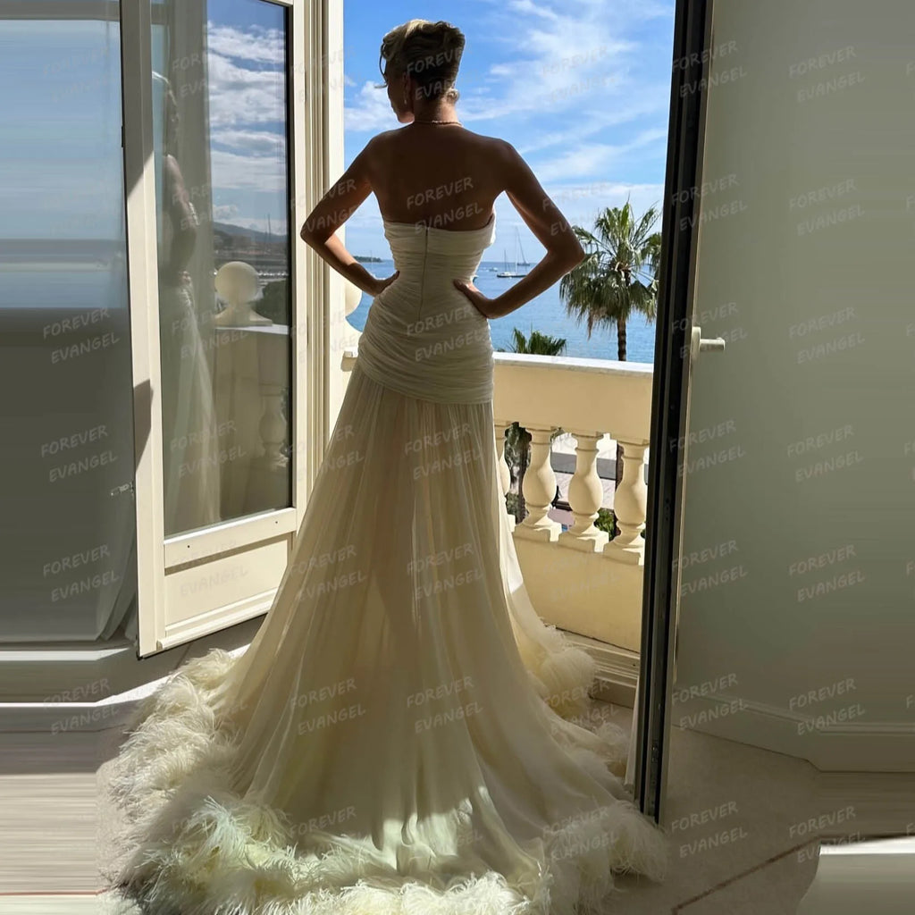 Strapless Feather Trim Chiffon Wedding Dress