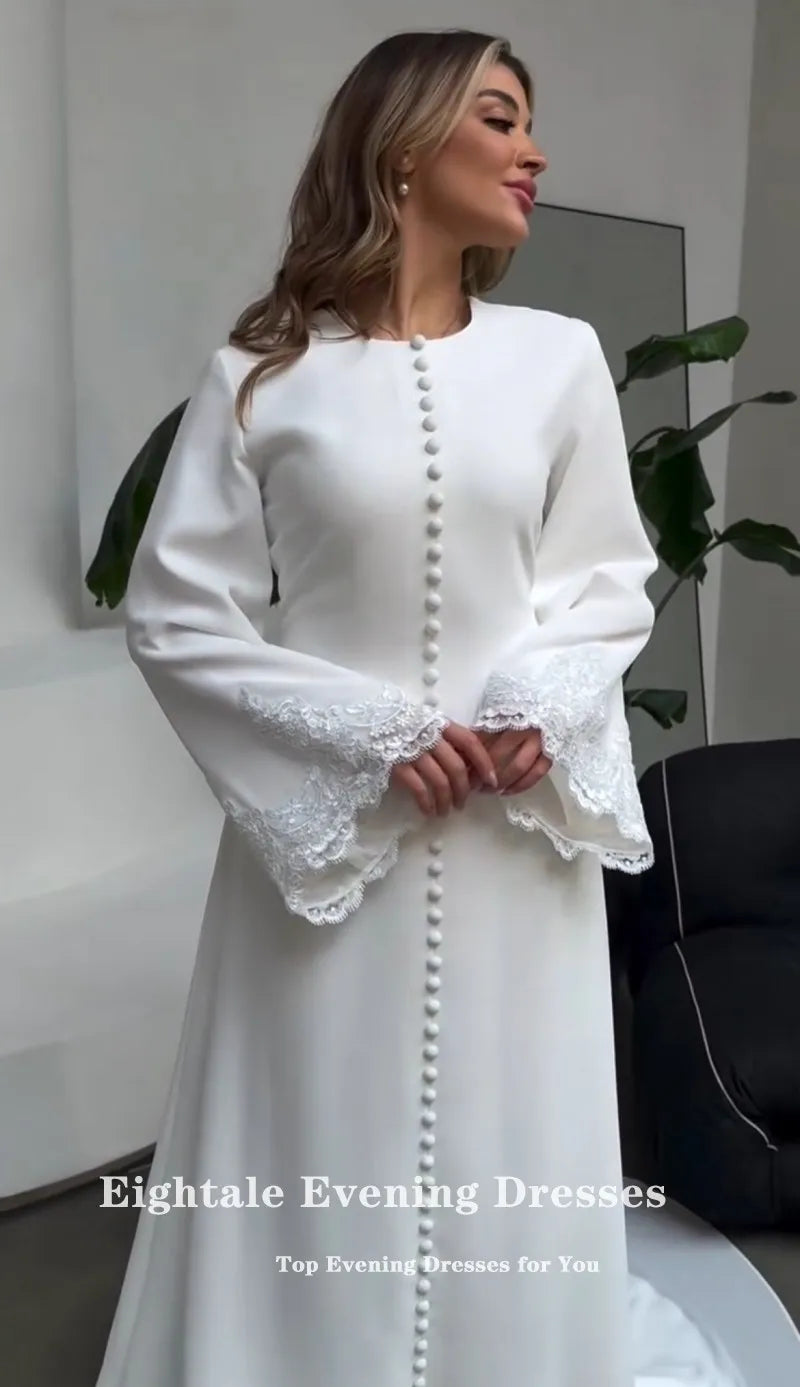 Eightale Arabic Wedding Dresses O-Neck Lace Mermaid Muslim Buttons White Ivory Customized Modest Bridal Gowns Vestidos De Novia