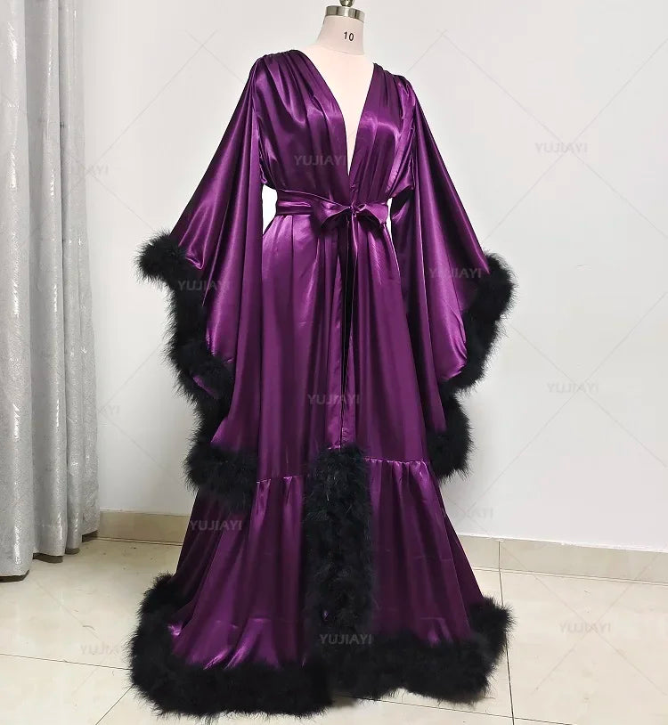 Customized Robe for Women Flare Sleeves Feather Bridal Robe Nightgown Silk Satin Wedding Party Dressing Gown Photography Dress
