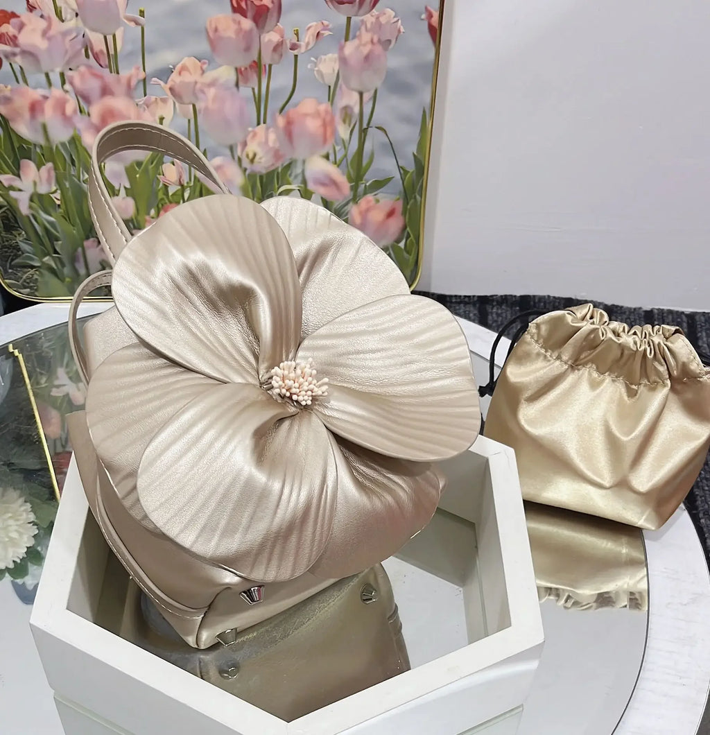 3D Floral Soft PU Leather Women Small Bucket Handbag Wedding Purse Dress Party Evening Bridal Clutch Bag