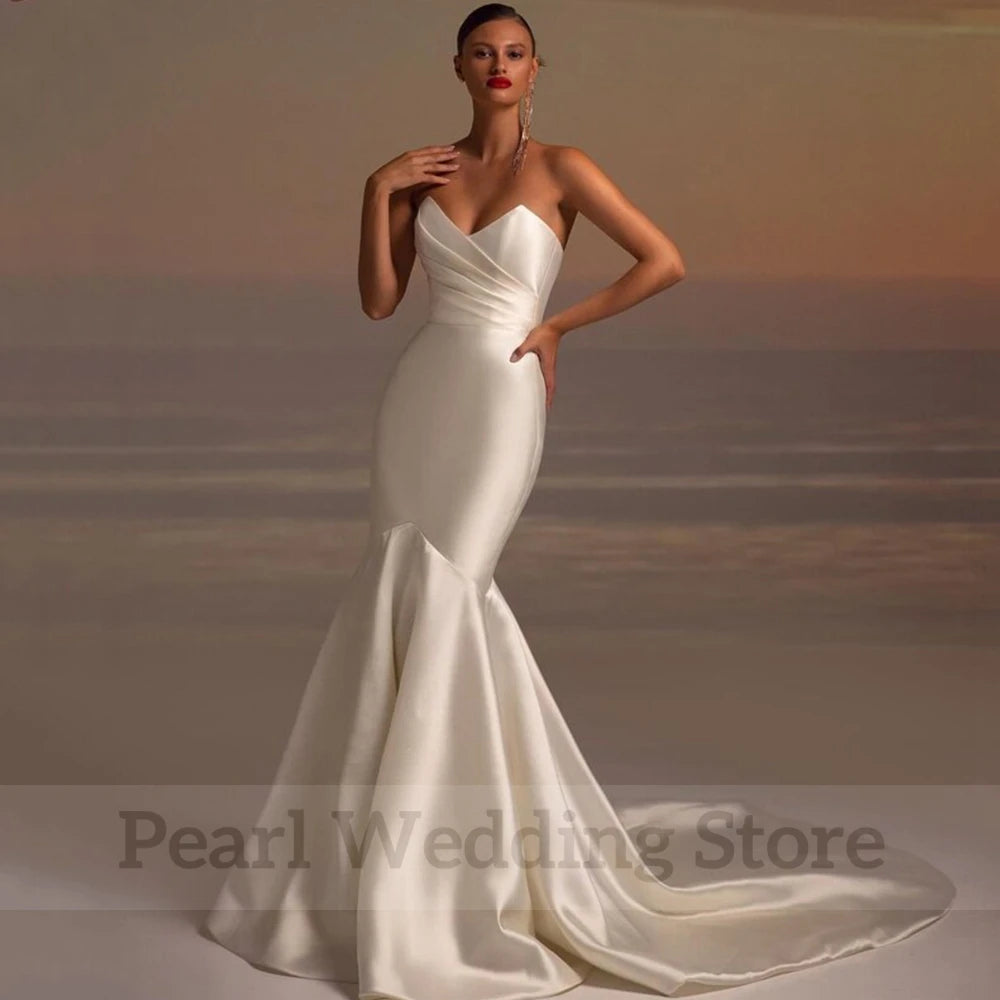Classic Mermaid Wedding Dress Strapless V-Neck Sleeveless Satin Bride Gown Pleat Civil Marriage Dresses Princess Bridal Robe