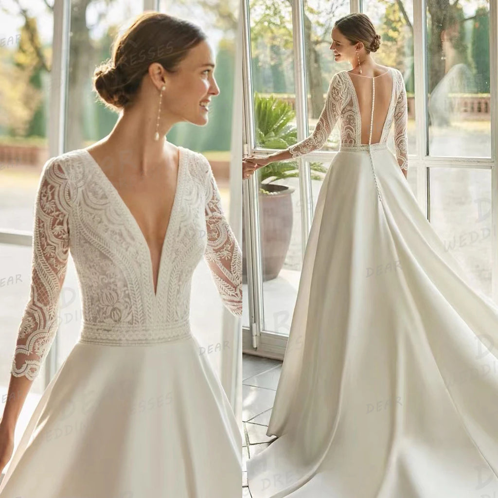 V-Neck Long Sleeve Backless Satin Wedding Dress