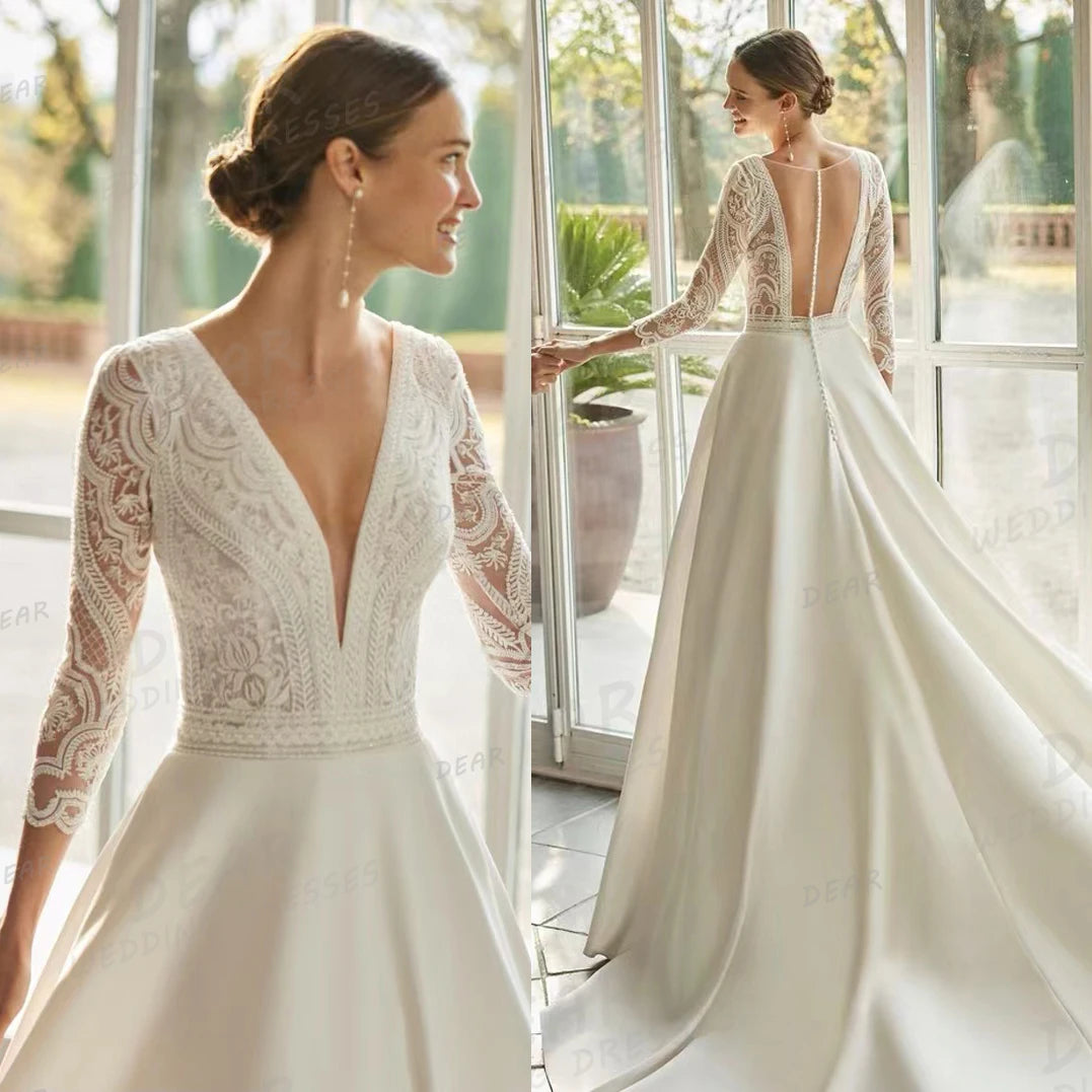 V-Neck Long Sleeve Backless Satin Wedding Dress