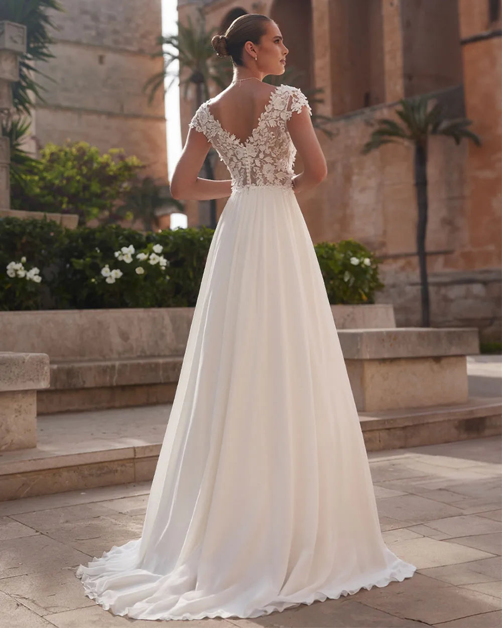 V-Neck Cap-Sleeve Backless Lace Boho A-Line Wedding Dress