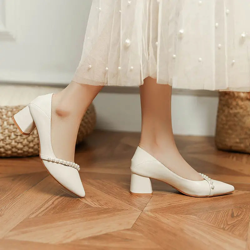 With Medium Heels Shoes for Women 2025 Wedding Bride Shoe White Ladies Summer Footwear Pearl Office Slip on Lastest Casual Trend