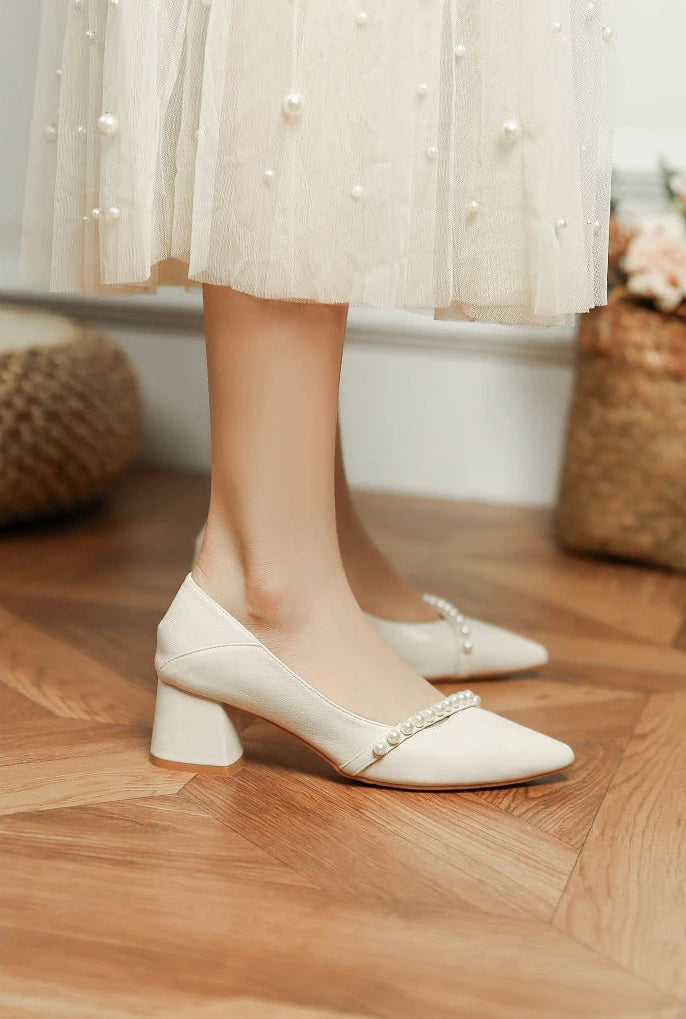 With Medium Heels Shoes for Women 2025 Wedding Bride Shoe White Ladies Summer Footwear Pearl Office Slip on Lastest Casual Trend