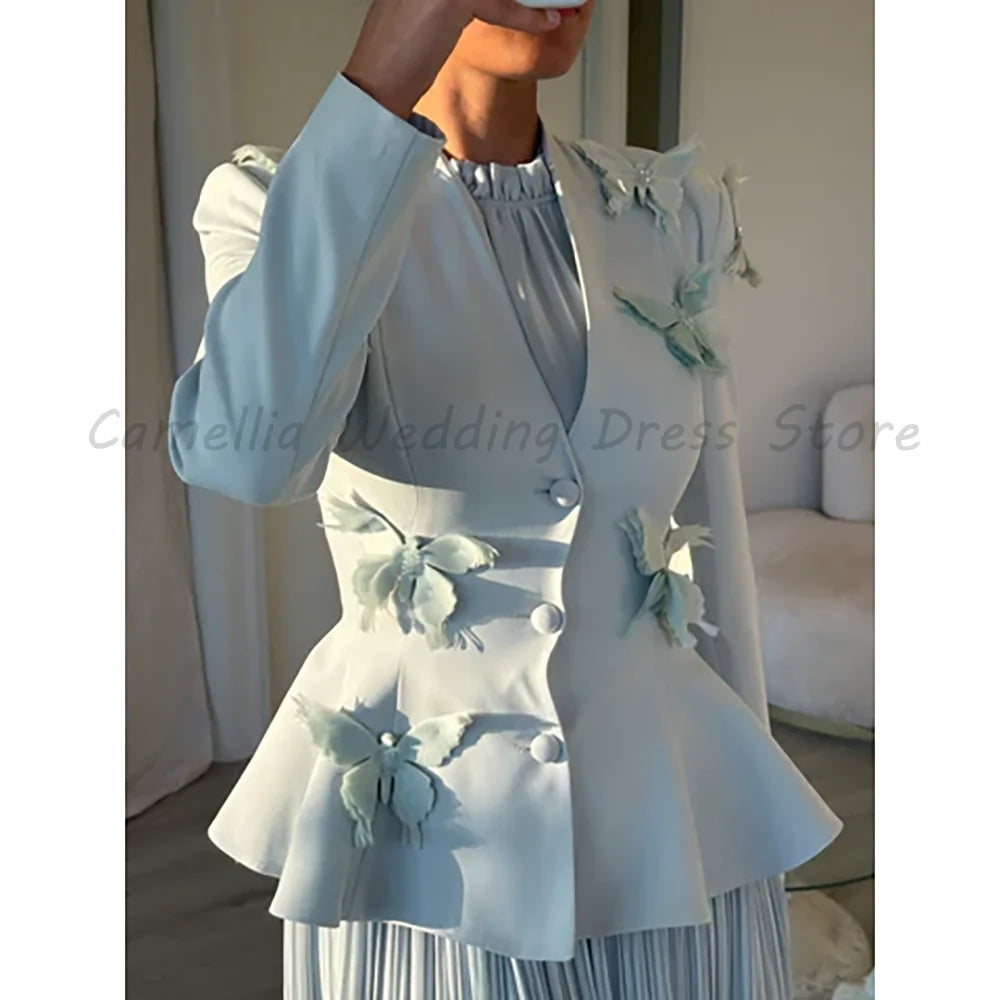 Elegant Light Blue Mother of the Bride Dress with Floral Jacket & Pleated Chiffon Skirt Formal Wedding Guest Gown