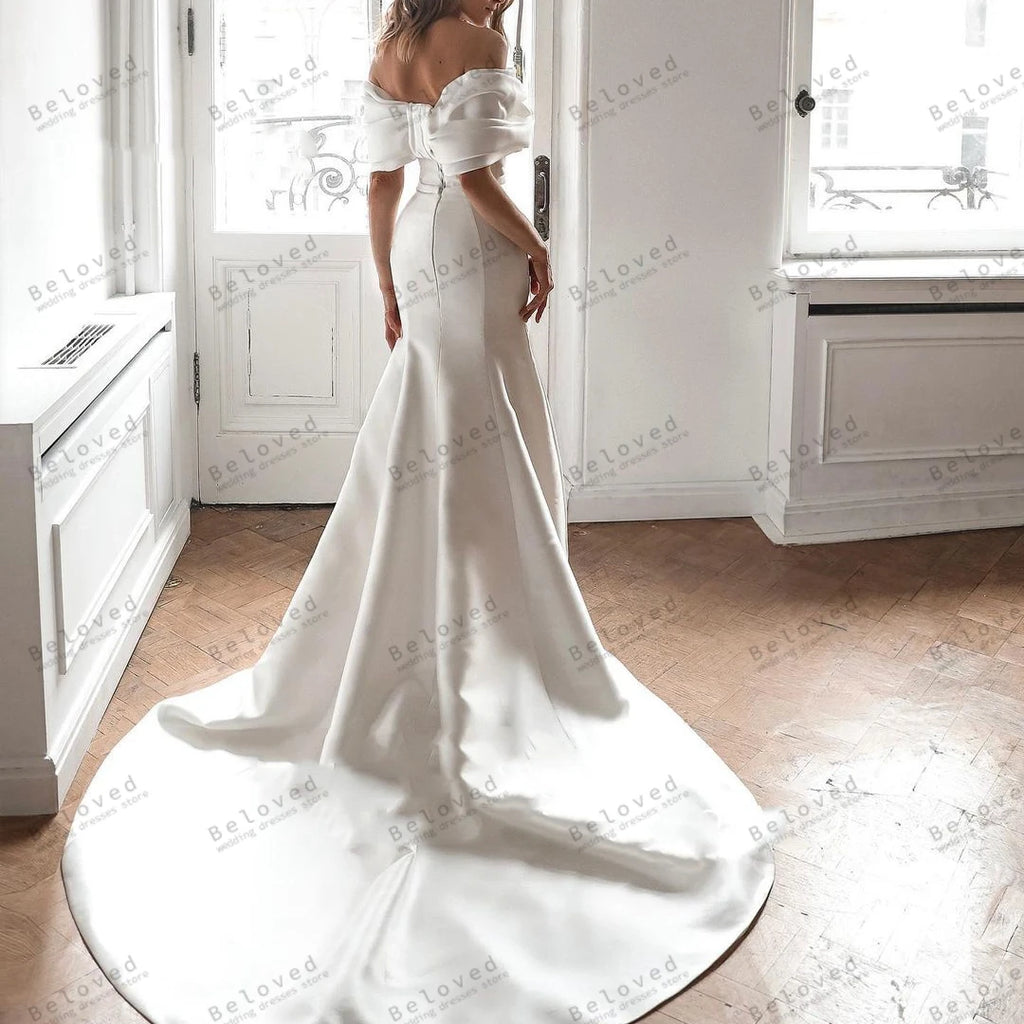 Off-Shoulder Satin Tiered Mermaid Wedding Dress