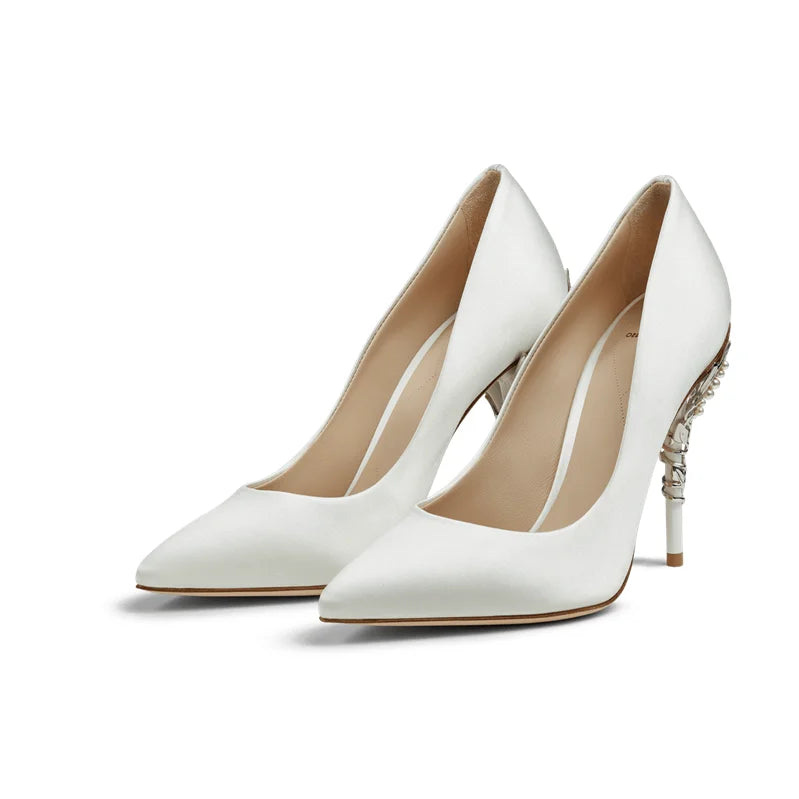 Luxury Leaves Metal Heel Pumps Women Shoes Pointed Toe Blue White Pink Black Silk Stiletto High Heels Wedding Bride Shoes 10cm