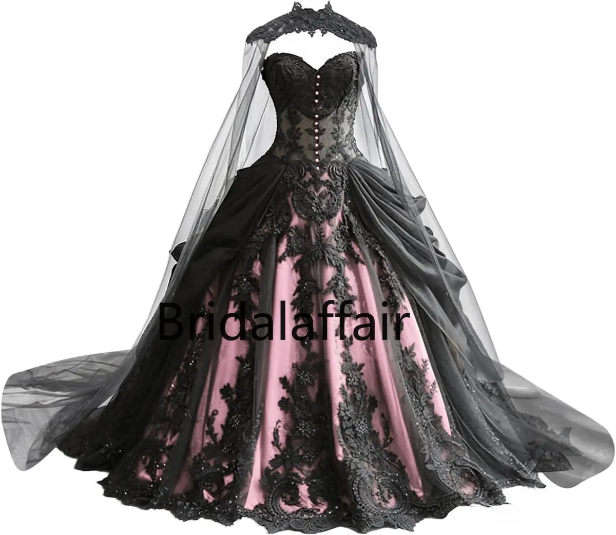 Gothic Weeding Dresses for Brides Black Lace Applique Bridal Dresses Embroidery Tiered Tulle Wedding Gowns with Cape