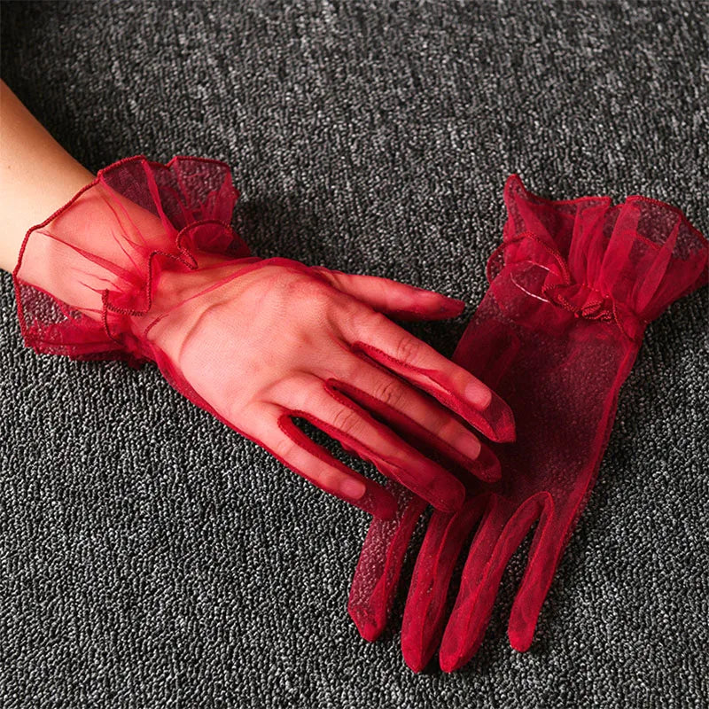Wedding Gloves Ruffle Summer Women Short Tulle Gloves White Black Wedding Lace Full Finger Mittens Mesh Translucent Gloves