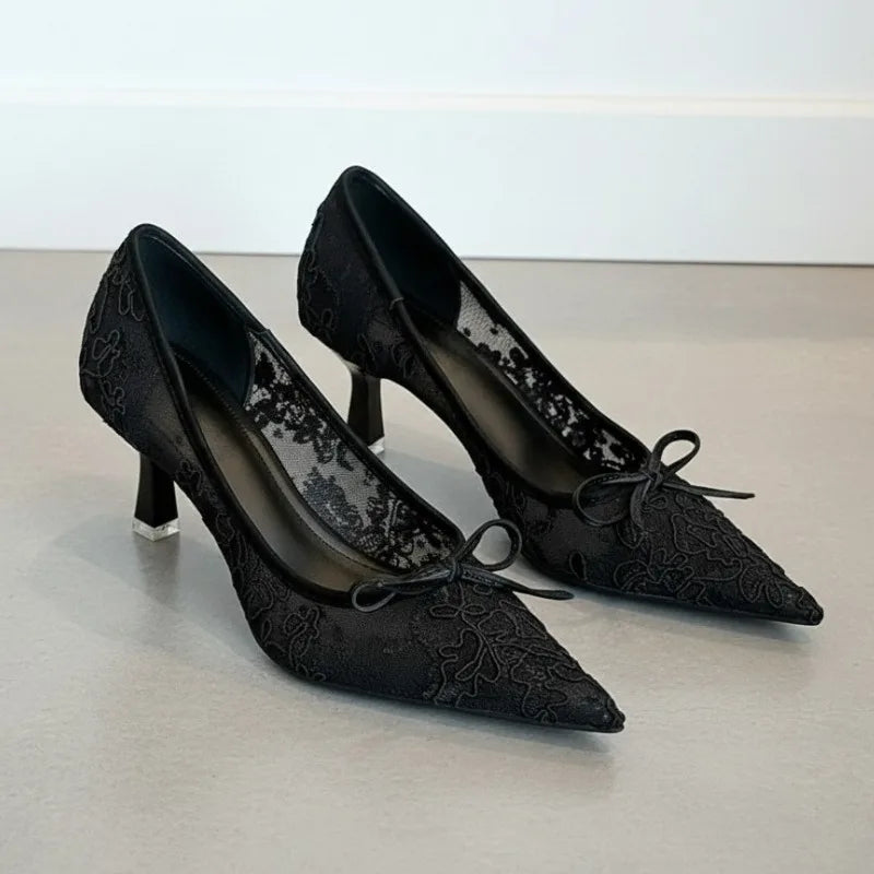Wedding Shoes Bridal Pumps for Women Elegant Lace with Bow Decor Pointed Toe Mesh Stiletto Heels Comfortable Classic Party