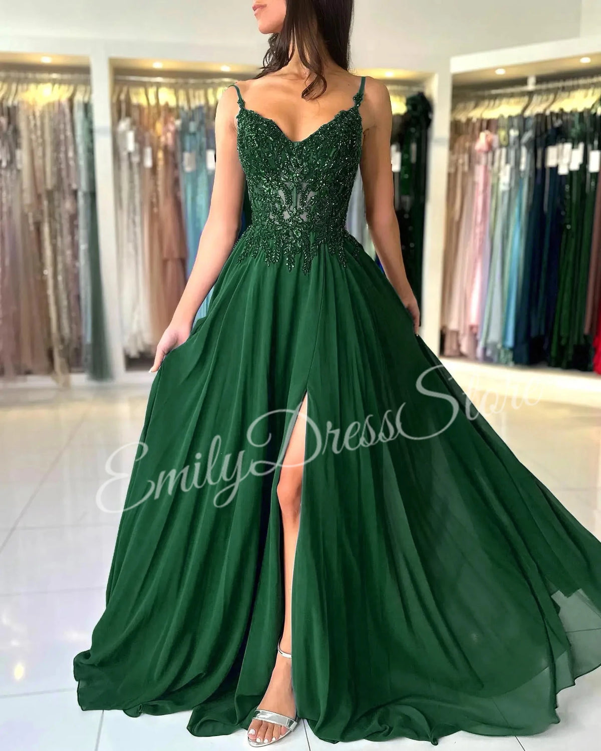 Green Chiffon Evening Dress Women Elegant Applique Suspenders Deep V-neck Backless Bridal Formal Long Ball Gowns Pageant Dress